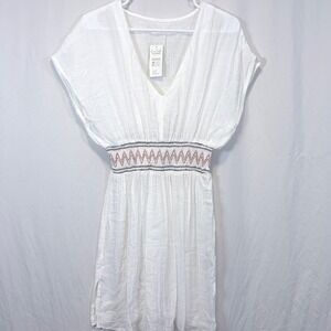 CUPSHE Live Life on the Beach Dress‎ Smocked Waist White Embroidered V-Neck S